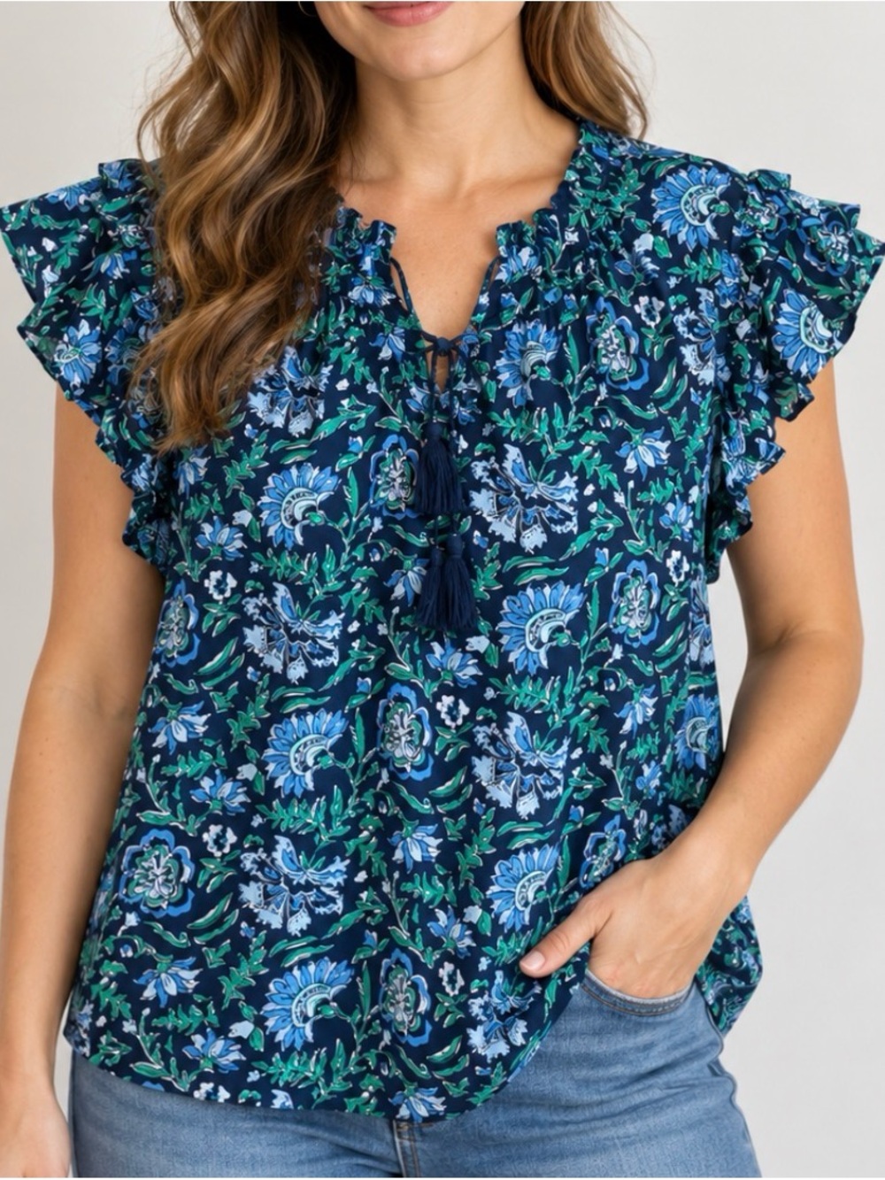 Vineyard Vines Navy Blue & Green Floral Ruffle Sleeve Top